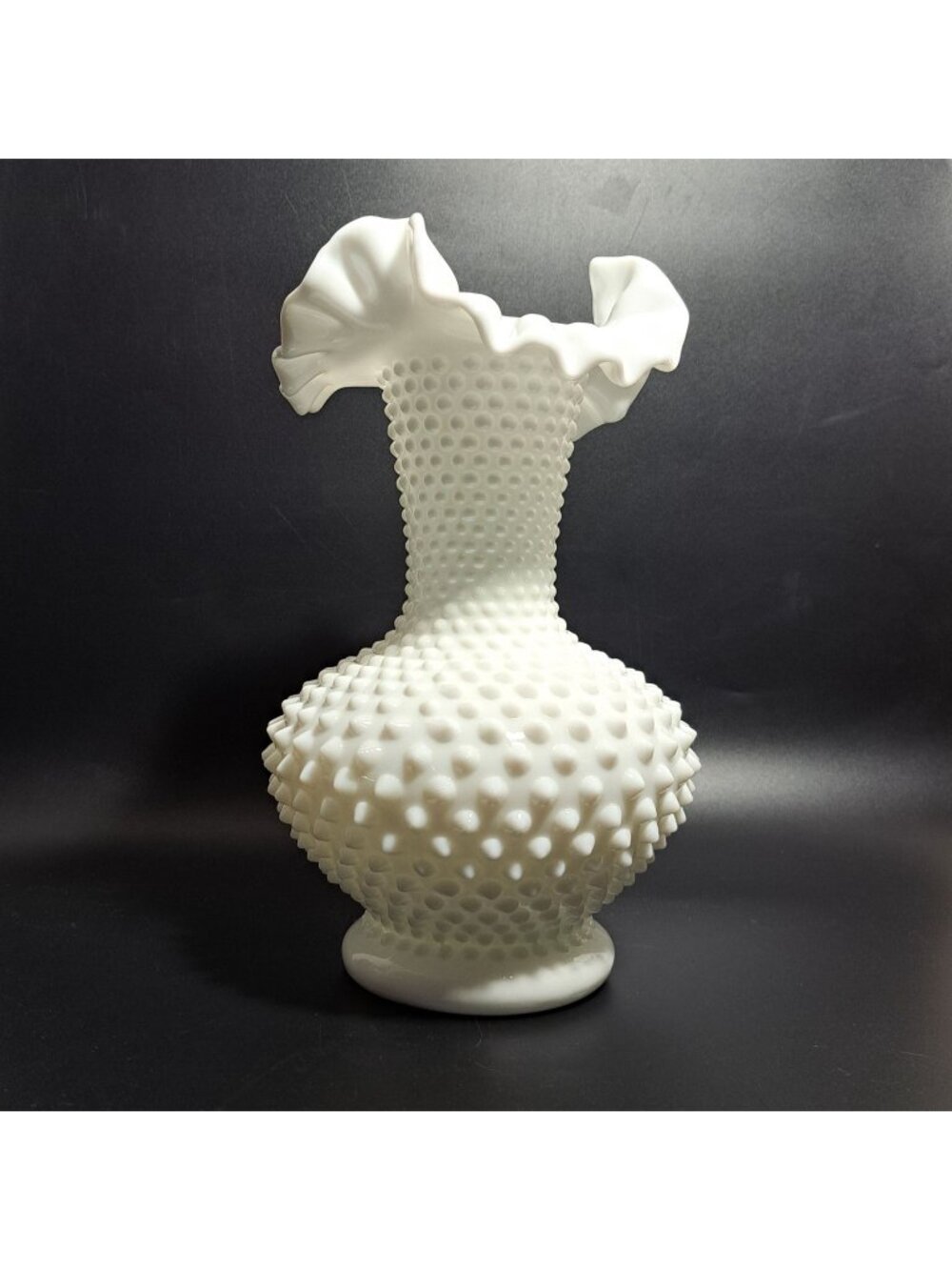 Fenton White Hobnail Milk Glass Vase With Ruffled Edge